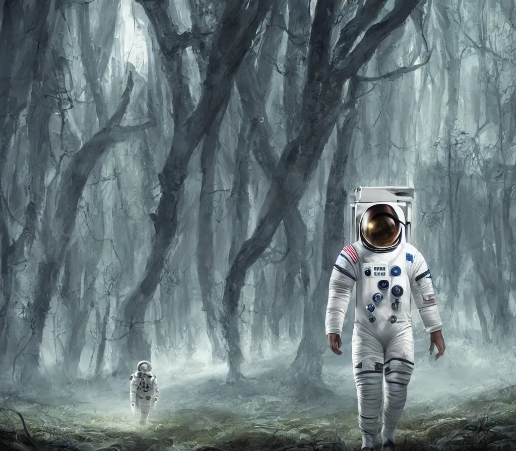 Prompt: modern scifi astronaut dressed in white suit is walking on the ground of a forest filled with demonic heads and claws, by blizzard concept artists