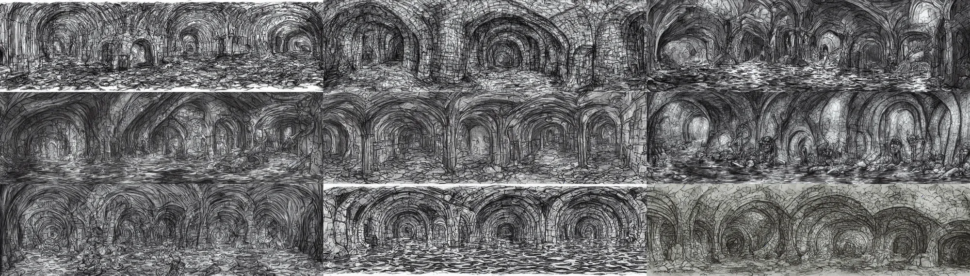 Prompt: intersection of flooded sewer tunnels. fantasy art, underground, stream, musty, sewage, darkness, underground, catacombs, abandoned spaces, torchlight. sketch art earthdawn campaign setting. myth drannor. parlainth. by fred fields.