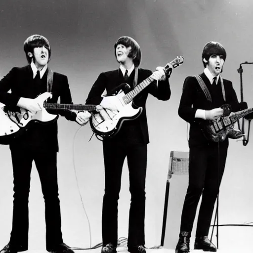 Prompt: the beatles as an emo rock and roll band on the ed sullivan show