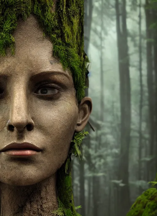 Image similar to photograph of hyperrealistic hyperdetailed ancient woman face in the shape of a tree covered with bark and moss, in a dark mysterious forest, unreal engine, octane,