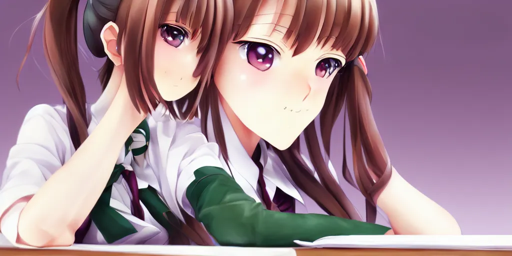 Image similar to beautiful anime high school girl siting on a school desk, full body, brown hair, ponytail, white ribbon, green eyes, full perfect face, slightly smiling, detailed background, drawn by Artgerm, Sasoura, Satchely, no distorsion