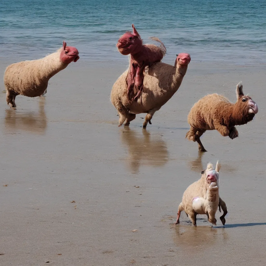 Image similar to a blobfish riding a llama on the beach