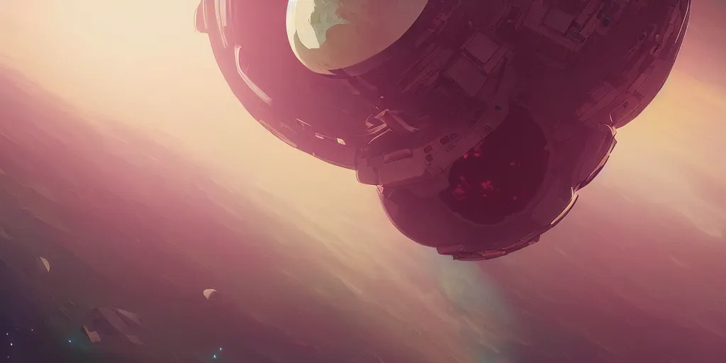 Image similar to a spherical ship floating far above an alien planet in space on the edge of a misty atmosphere, edge of space, dynamic shadows, dynamic lighting, ilya kuvshinov, kyoani, hiroaki samura, yoshinari yoh, james jean, katsuhiro otomo, erik jones, cel shaded