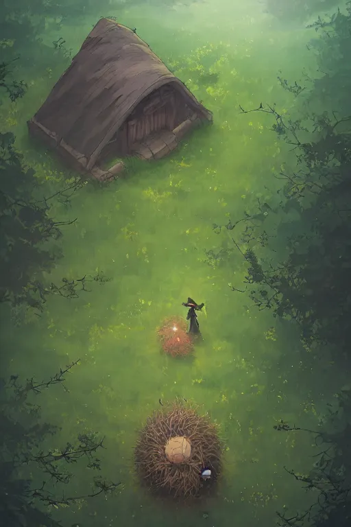 Image similar to a lonely witch's hut in a clearing in the forest on which a giant spaghetti monster is approaching, top view rule of thirds golden ratio, fake detail, trending pixiv fanbox, acrylic palette knife, style of makoto shinkai studio ghibli genshin impact james gilleard greg rutkowski chiho aoshima