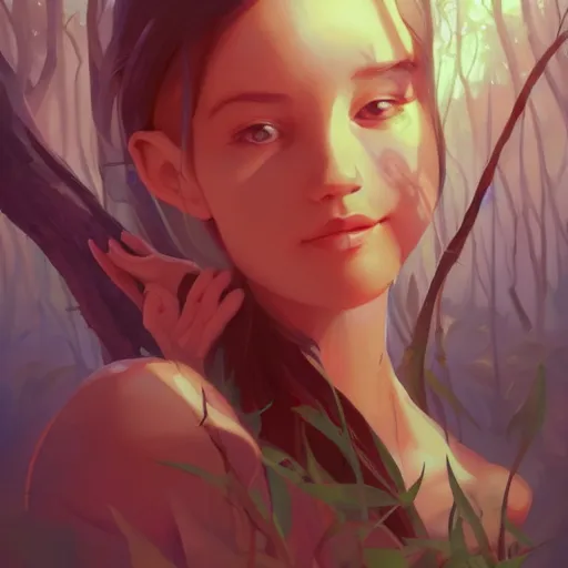 Image similar to painting forest nymph smooth face median photoshop filter cutout vector, behance hd by jesper ejsing, by rhads, makoto shinkai and lois van baarle, ilya kuvshinov, rossdraws global illumination