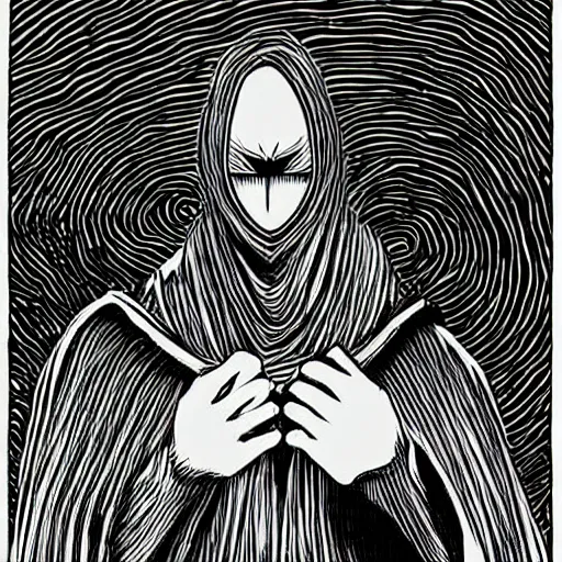 Image similar to hooded man, junji ito,