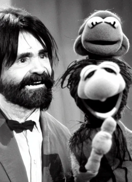 Prompt: charles manson hosting the muppet show