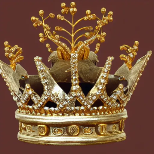 Prompt: photograph of a solid gold crown decorated with frog imagery