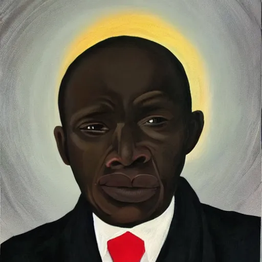 Image similar to a painting of a loving, caring fatherly wide forehead, aquiline nose, round face, XXL , generous, ever-present, humble, wise elder from Kenya in a silver suit and red tie by Kara Walker . Fatherly/daddy, focused, loving, leader, relaxed. Gold background, heavenly lights, details, smooth, sharp focus, illustration, realistic, cinematic, artstation, award winning, rgb , unreal engine, octane render, cinematic light, macro, depth of field, blur, light and clouds, highly detailed epic cinematic concept art CG render made in Maya, Blender and Photoshop, octane render, excellent composition, dynamic dramatic cinematic lighting, aesthetic, very inspirational, arthouse.