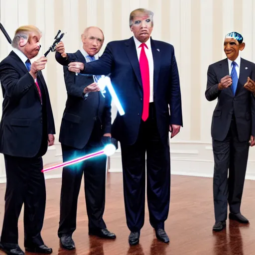 Image similar to putin, trump, obama and bush having a lightsaber battle