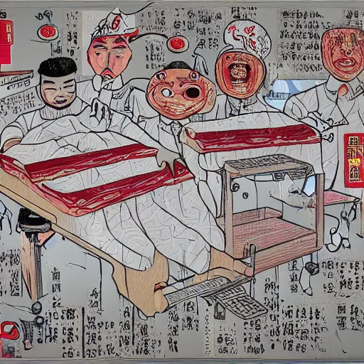 Prompt: chinese surgeons cutting up a body on an operating table, in the style of daniel johnston and outsider art, 8k, line brush, overlaid with traditional chinese adverts