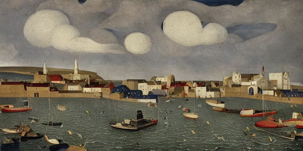 Prompt: a painting of the harbour at Stromness, orkney islands, small houses, boats, sea, stormy clouds, by Fra Angelico