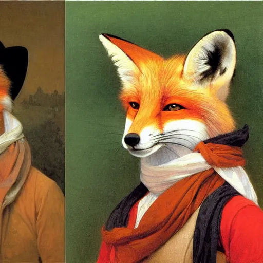 Prompt: A portrait of a fox wearing a scarf and a boater hat by Robert Cleminson and William-Adolph Bouguereau, painting of a fox in a hat