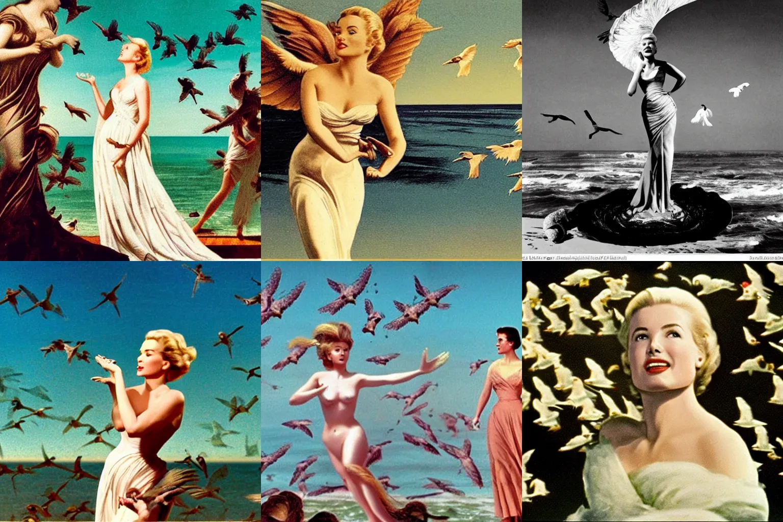 Prompt: a scene from the birds of hitchcock in the style of the birth of venus where a swarm of birds attack grace kelly standing on a shell in front of the sea like venus in birth of venus