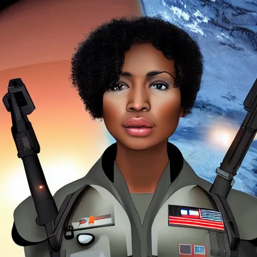 Image similar to a futuristic female soldier with brown skin and short hair in a spaceship