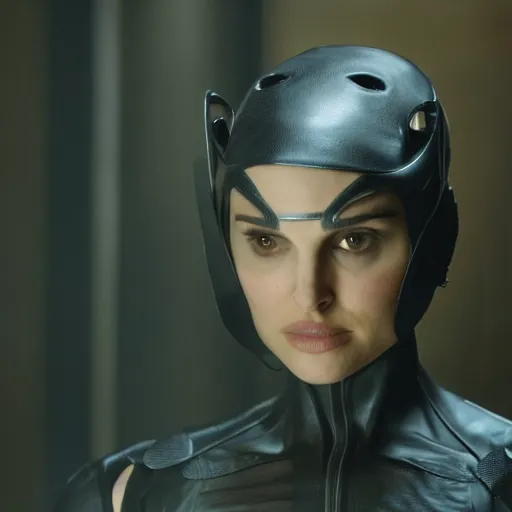 Image similar to stunning awe inspiring natalie portman playing catwoman, movie still 8 k hdr atmospheric lighting