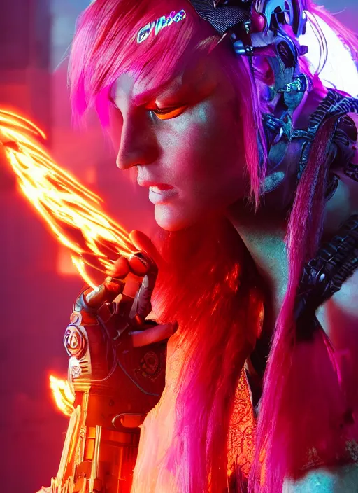 Prompt: Cyberpunk warrior with flaming hair, light atmosphere, neon, cinematic shot, intricate, ornate, photorealistic, ultra detailed, realistic, 100mm, photography, octane, high definition, depth of field, bokeh, 8k, artstation