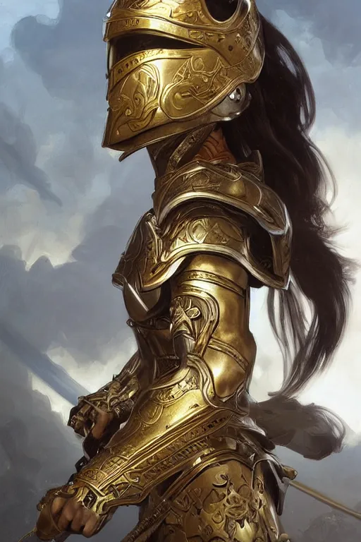 Image similar to an attractive female warrior, ornate metallic helmet, battle armor, olive skin, long dark hair, beautiful bone structure, elegant, highly detailed, digital painting, trending on Artstation, concept art, smooth, sharp focus, illustration, art by artgerm and greg rutkowski and alphonse mucha