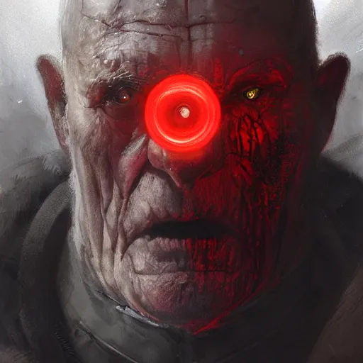 Image similar to close-up, symmetrical, portrait of an old man, glowing red eyes, bruised, scarred, marvel art, art by greg rutkowski, matte painting, trending on artstation