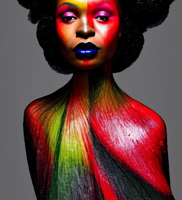 Image similar to photography face portrait of one beautifull black woman, stylish hair, with red lips and colorfull makeup in rainforest, wearing one organic futurist cape designed by iris van herpen,, photography by paolo roversi nick knight, helmut newton, avedon, and araki, sky forest background, natural pose, highly detailed, skin grain detail