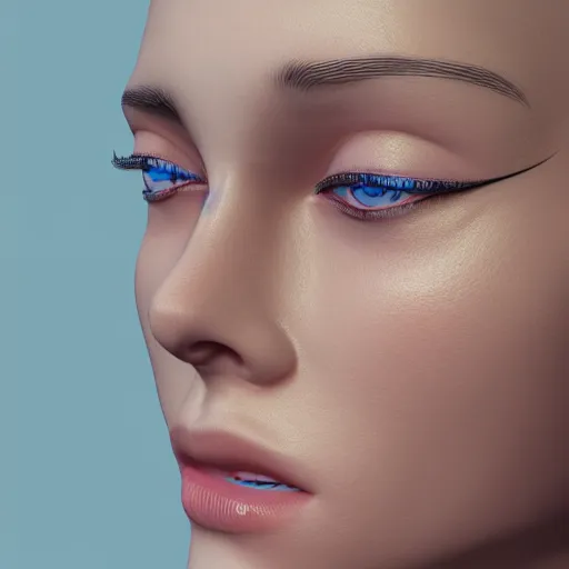 Image similar to 3 d render, hyper detailed, realistic female face and shoulders, white porcelain, fine facial features, white eyes and eyelashes, 8 k, 1 5 0 ml lens, elegant, white background pastel blue lighting, octane render, volumetric lighting - h 7 0 4