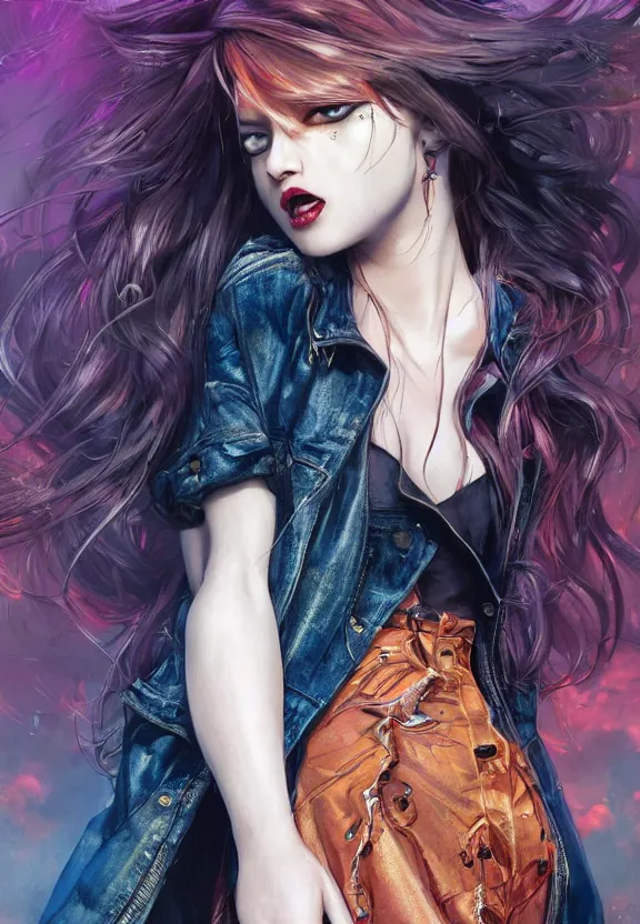 Prompt: full body illustration of a girl with eyes that burn like cigarettes wearing a mini skirt and a long jacket with fingernails that shine like justice, dramatic lighting, photorealistic, full body portrait, detailed anatomy, extreme detail, 4 k, colorful, confident, character concept art by artgerm and ben lo and mucha, octane render, detailed face, f / 2. 8