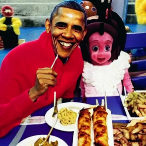 Prompt: Obama eating kebab with teletubbies