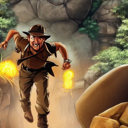 Image similar to Indiana Jones being chased by a boulder trap, boulder chase, underground sandstone temple background, giant round stone chasing Indiana Jones, raiders of the lost ark, detailed background, anime key visual