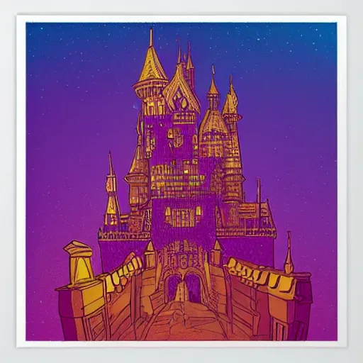 Image similar to amazing architecture comic - book art, epic castle, amazing purple and amber gold lighting, with half - tone - print features that blend into the art style and print