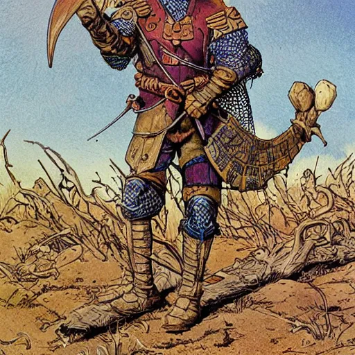 Prompt: brave medieval rabbit warrior by James Gurney and Mœbius.