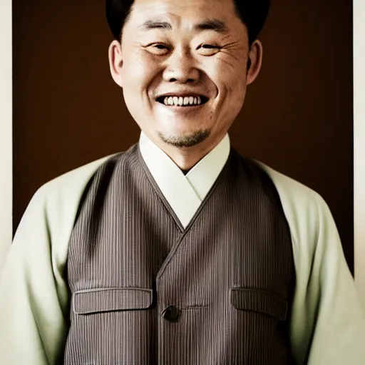 Prompt: photography of smiling north korean kim chen in by araki nobuyoshi. kim chen in wearing ( traditional - ukrainian shirt ) designed by taras shevchenko.
