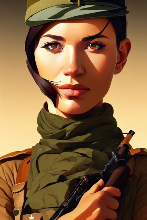 Image similar to ww 2 sniper, desert colors, smooth face, centered median photoshop filter cutout vector behance hd by artgerm, jesper ejsing, by rhads, makoto shinkai and lois van baarle, ilya kuvshinov, rossdraws, illustration, art by ilya kuvshinov and gustav klimt