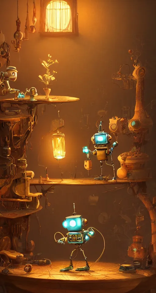 Prompt: a beautiful tapestry of a dream, a small robot playing a game, ultra detailed, atmospheric, steampunk, moody, candles, characters from machinarium, by don bluth, trending on artstation, octane render, 8 k, ultra realistic