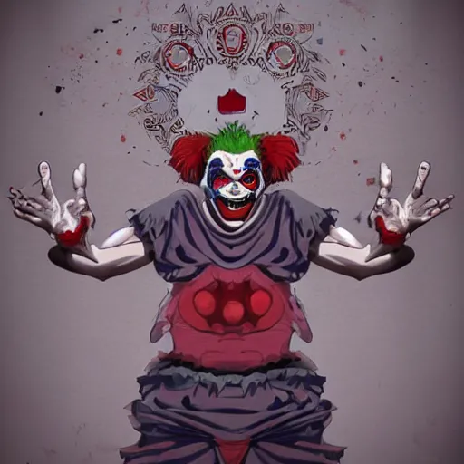 Prompt: 4K headshot of godlike clown with clown nose and defined arms and open hands and bloody clothes with giant mandala wings , intricate runny clown face make-up , flawless anime cel animation by Kentaro Miura, psychedelic , highly detailed upper body , professionally post-processed , beautiful, scary, symmetry accurate features, epic, octane rendered, anime masterpiece, accurate