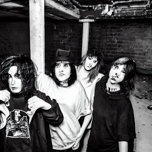 Image similar to 4 goth punks watching a black hole forming in the grimy grungy basement of an abandoned apartment block, grainy black and white photography