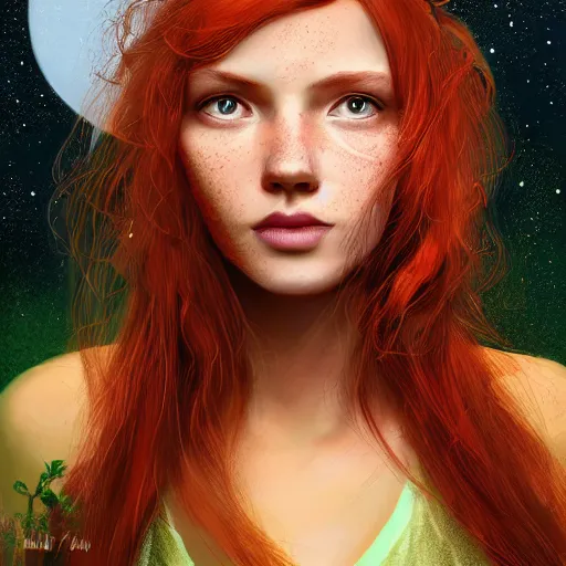 Prompt: highly detailed portrait of a red haired girl with long hair, green eyes, round face, freckles, softly smiling among fireflies, intricate details, accent lighting, dramatic light, golden ratio, hyper realistic digital art