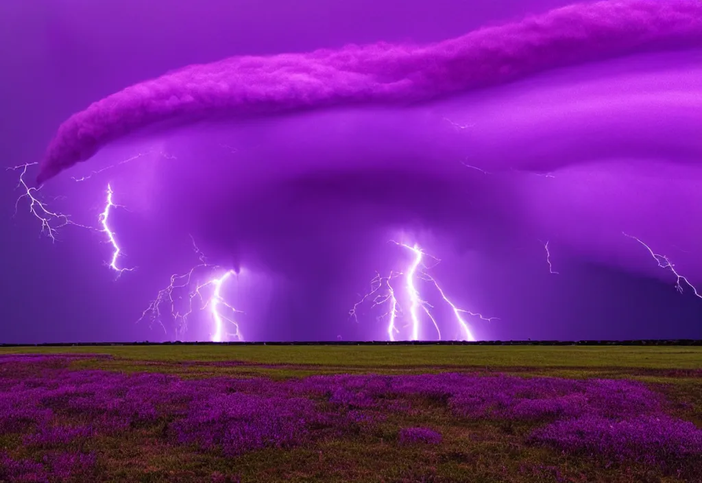 Image similar to purple color lighting storm with a tornado on the ground