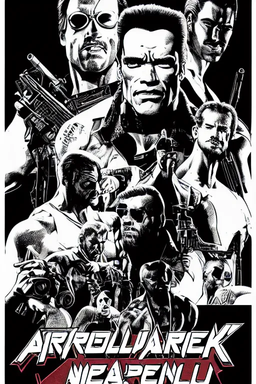 Image similar to arnold schwarzenegger, a page from cyberpunk 2 0 2 0, style of paolo parente, style of mike jackson, adam smasher, johnny silverhand, 1 9 9 0 s comic book style, white background, ink drawing, black and white, colouring pages