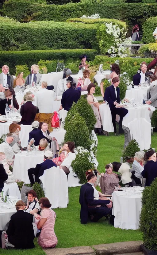 Prompt: New York high class open air reception, Fitzgerald, Jazz Age, oil painting, people dressed in 1920s style, good weather, clean white tablecloths, clean white curtains, clean white villa, beautiful garden, Great Gatsby, smooth, Pre-Raphaelite8k