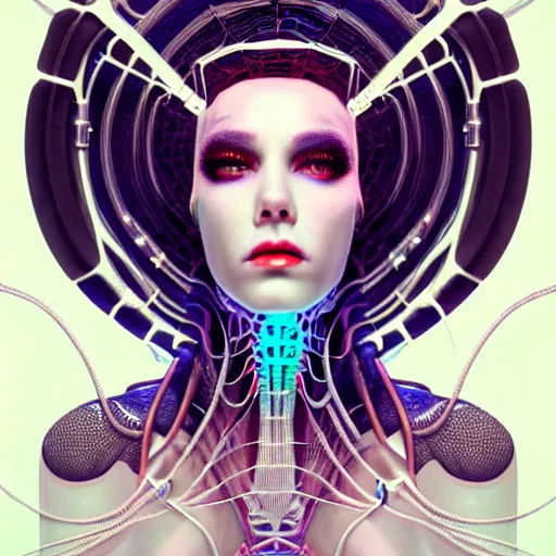 Image similar to high quality, high detailed portrait of a spider queen, a cyberpunk character in a retro - futuristic world, white porcelain translucent skin. hyperrealism, intricate details, cables, wires. connectors led. tristan eaton, victo ngai, artgerm, rhads, ross draws, alphonse mucha, pastel colors, vintage, artstation, vector gradient. 8 k