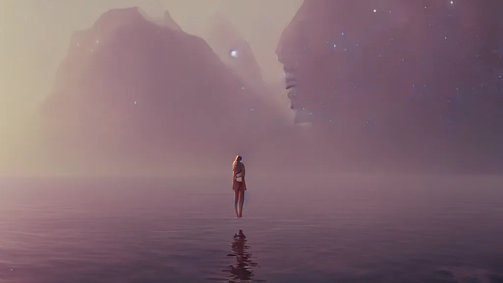 Prompt: A beautiful woman standing in a lake reaching for the stars, by Lois van Baarle, by Greg Rutkowski, by artgerm, by beeple, volumetric lighting, 4k resolution, octane render, trending on artstation