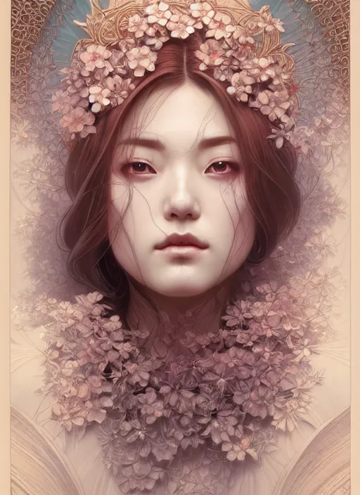 Image similar to symmetry!! portrait of floral! hitomi kisugi psycho, intricate, elegant, highly detailed, digital painting, artstation, concept art, smooth, sharp focus, illustration, art by artgerm and greg rutkowski and alphonse mucha, 8 k