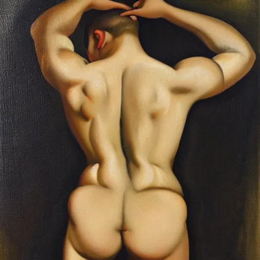 Prompt: the lower back of a beautiful man. oil on canvas by tamara de lempicka