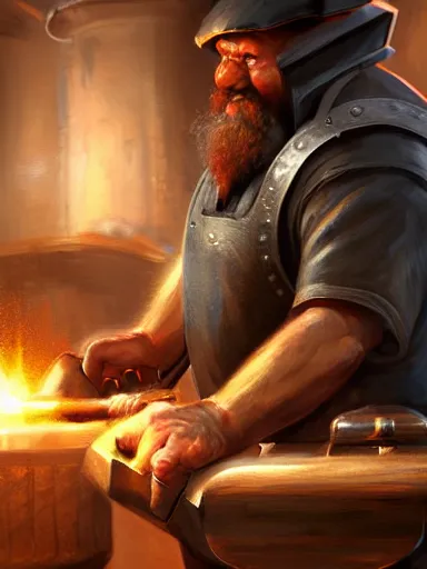 Prompt: a blacksmith striking a hammer in its anvil. working at his forge. intricate, elegant, highly detailed, digital painting, artstation, cinematic shot, concept art, sharp focus, illustration, by justin gerard and artgerm 8 k