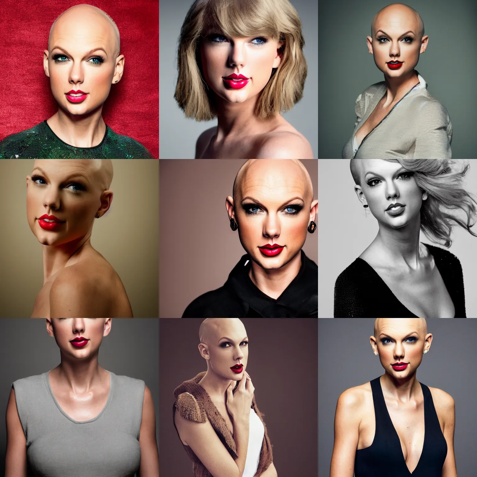 Prompt: portrait photo of Taylor Swift, bald, no hair, studio lighting