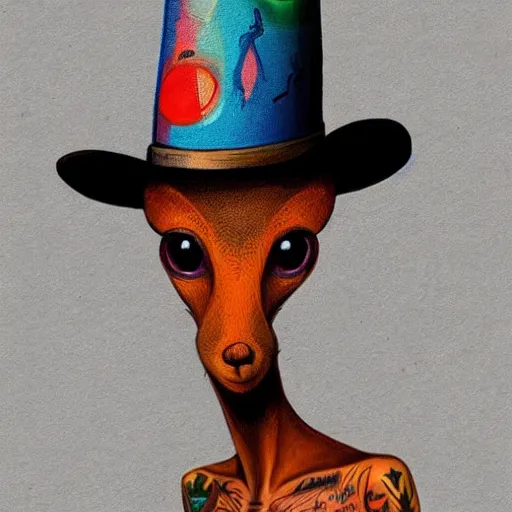 Image similar to a dik dik monster with tattoos, wearing a fedora, tattoos, colorful, digital art, fantasy, magic, trending on artstation, ultra detailed, professional illustration by basil gogos