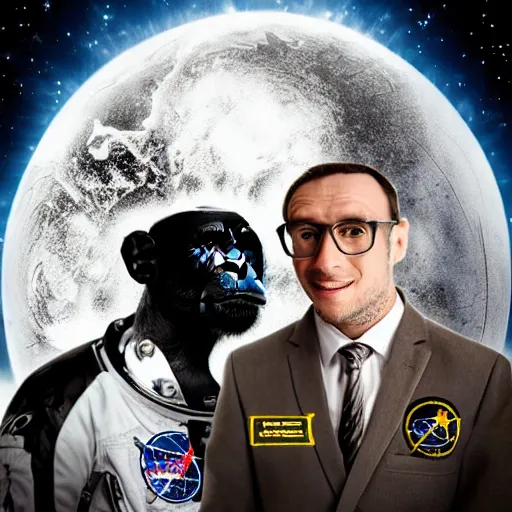 Prompt: double exposure portrait split in the middle of a astronaut and one chimpanzee in a suit posing with space in the background, pencil art, high definition, dynamic lighting stars, sharpness, golden ratio, fibonaci sequence