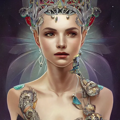 Image similar to portrait of a grey alien aristocrat wearing jewelry, a tiara, diamonds, confident, pretty, intricate, headshot, highly detailed, digital painting, artstation, concept art, sharp focus, cinematic lighting, illustration, art by artgerm and greg rutkowski, alphonse mucha, cgsociety