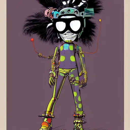 Prompt: a cybergoth guy wearing goggles and eccentric jewelry by jamie hewlett : : full body character concept art, detailed,