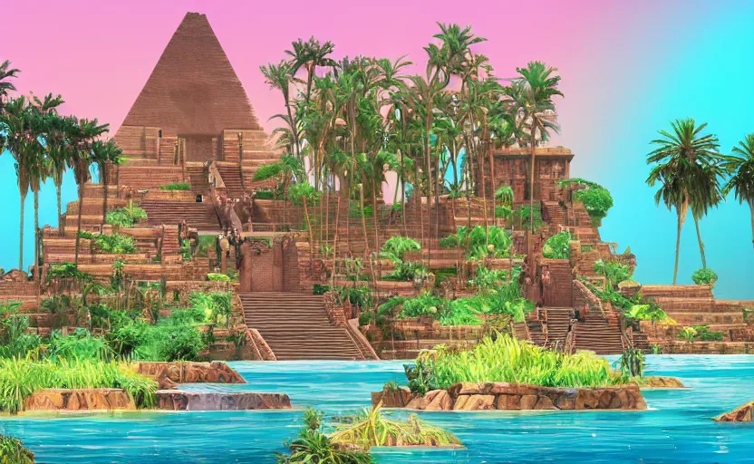 Prompt: ancient egypt structure with plants and waterfalls, epic retrowave art, trending on art station